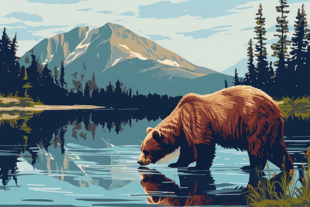 Bear on a lakeside wilderness landscape mountain.