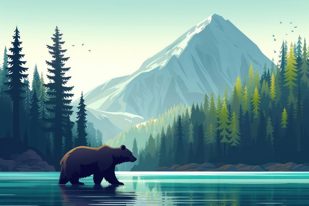 Bear on a lakeside landscape mountain wildlife.
