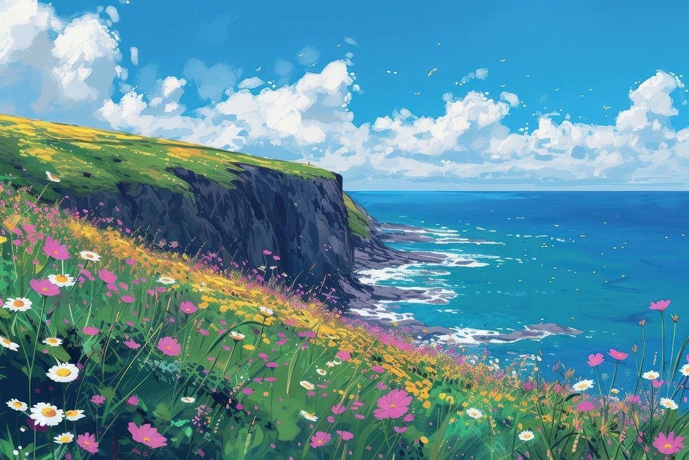 Coastal cliff flower field landscape.