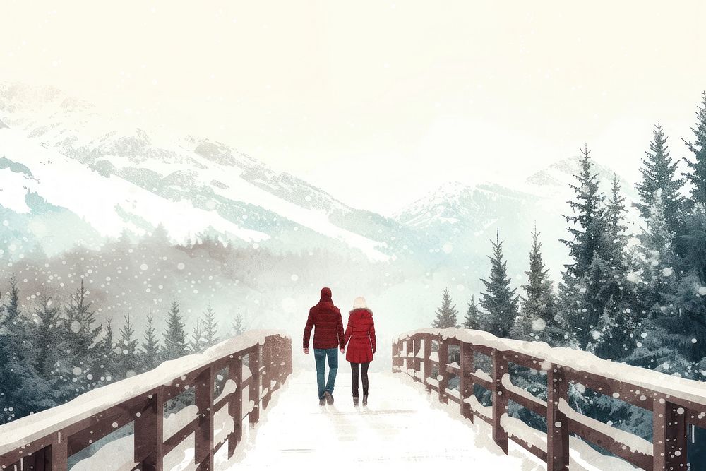 Couple walking on a wooden bridge snow landscape mountain.