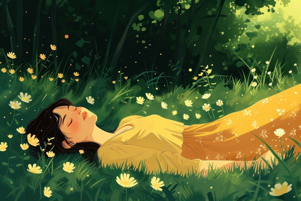 Simple 1 women laying chilling on the grass field outdoors nature flower.