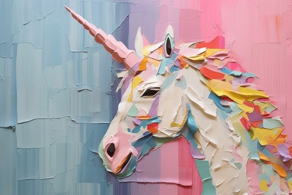 Abstract unicorn ripped paper art painting representation.