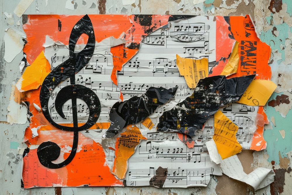 Abstract music ripped paper art collage representation.