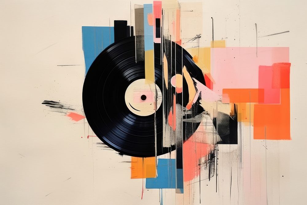Abstract music ripped paper art painting gramophone.