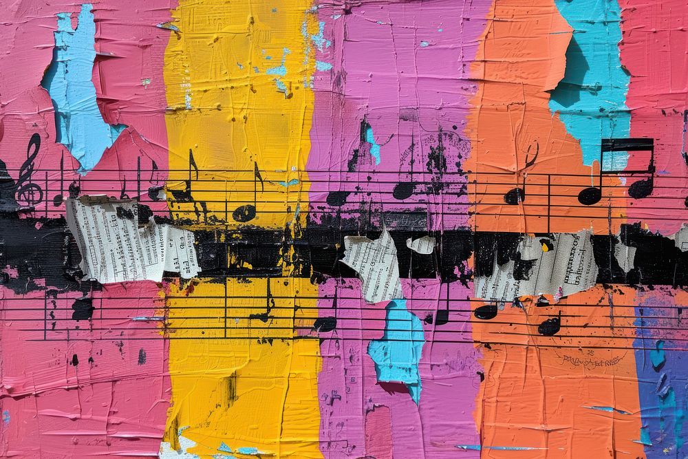 Abstract music ripped paper art painting wall.