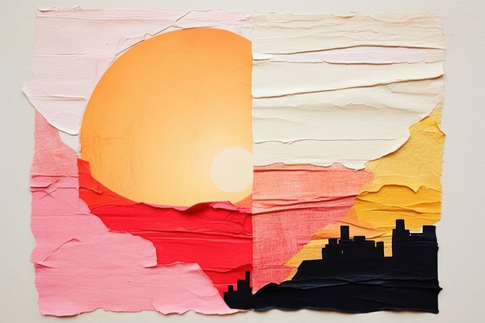 Abstract sunset ripped paper art painting architecture.