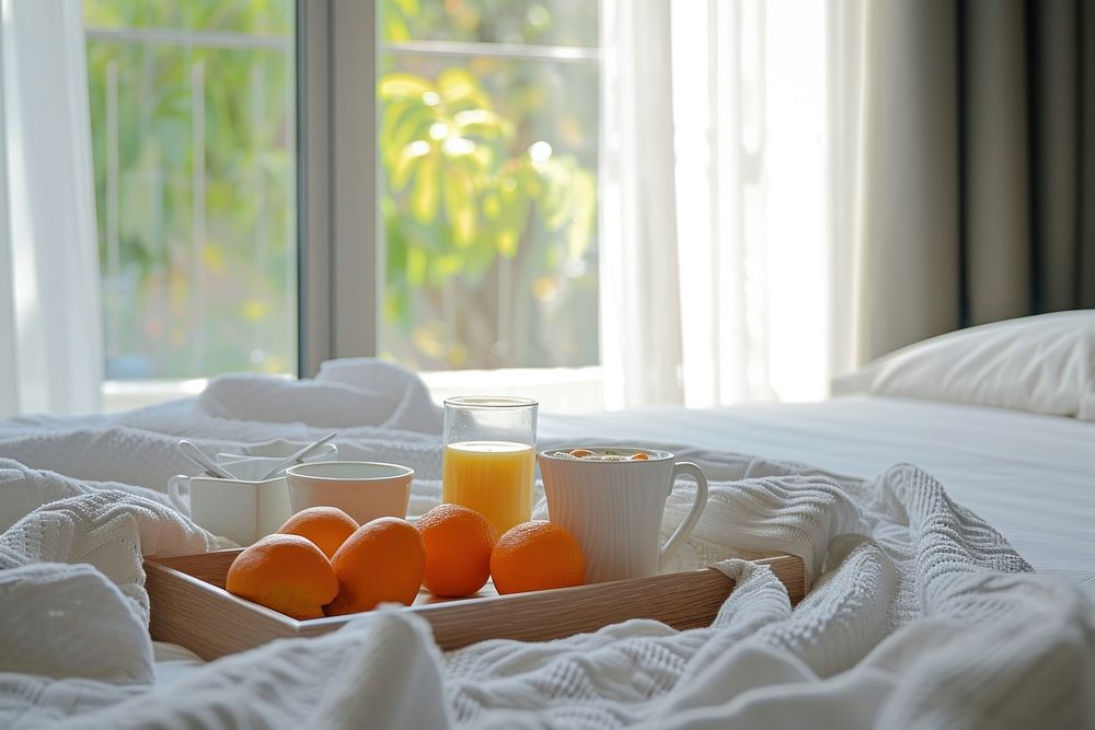 Breakfast tray on hotel bed room furniture bedroom.