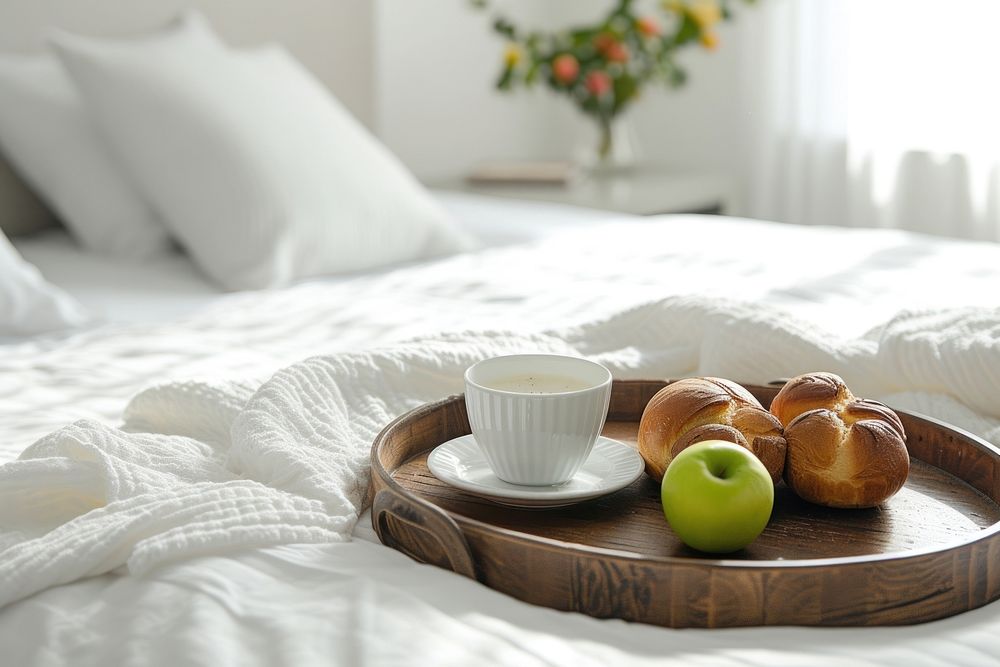 Breakfast tray on hotel bed furniture pillow apple.