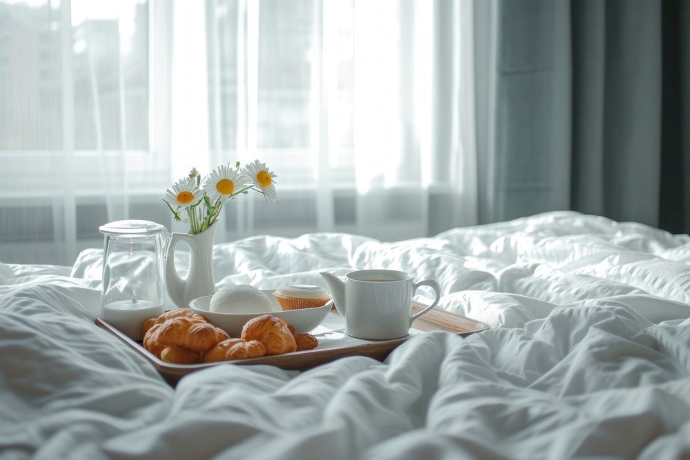 Breakfast tray on hotel bed furniture blanket bedroom.