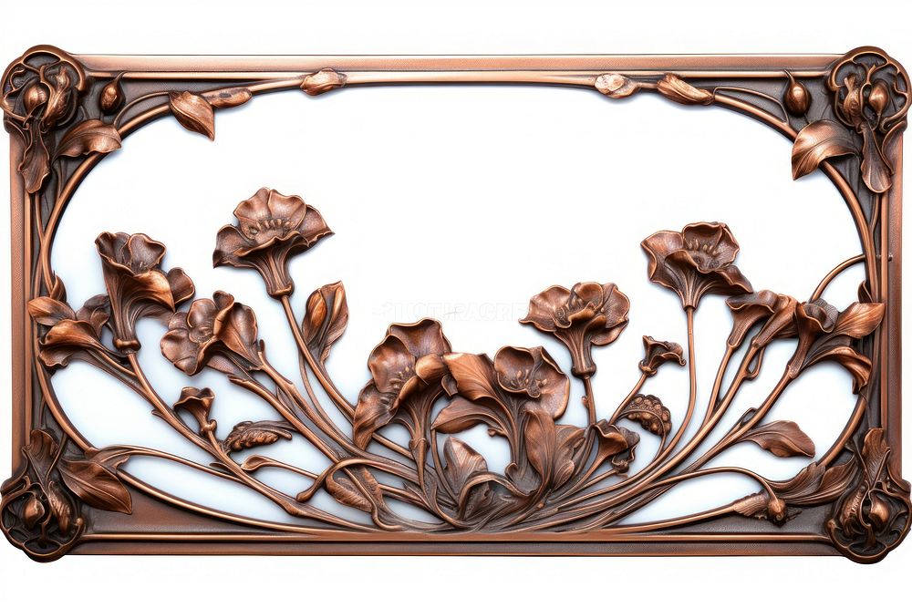 Nouveau art of flower stalks frame copper white background rectangle.