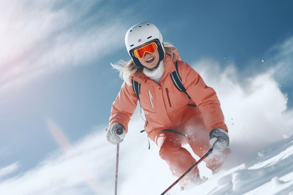 Teen woman skiing recreation outdoors helmet.