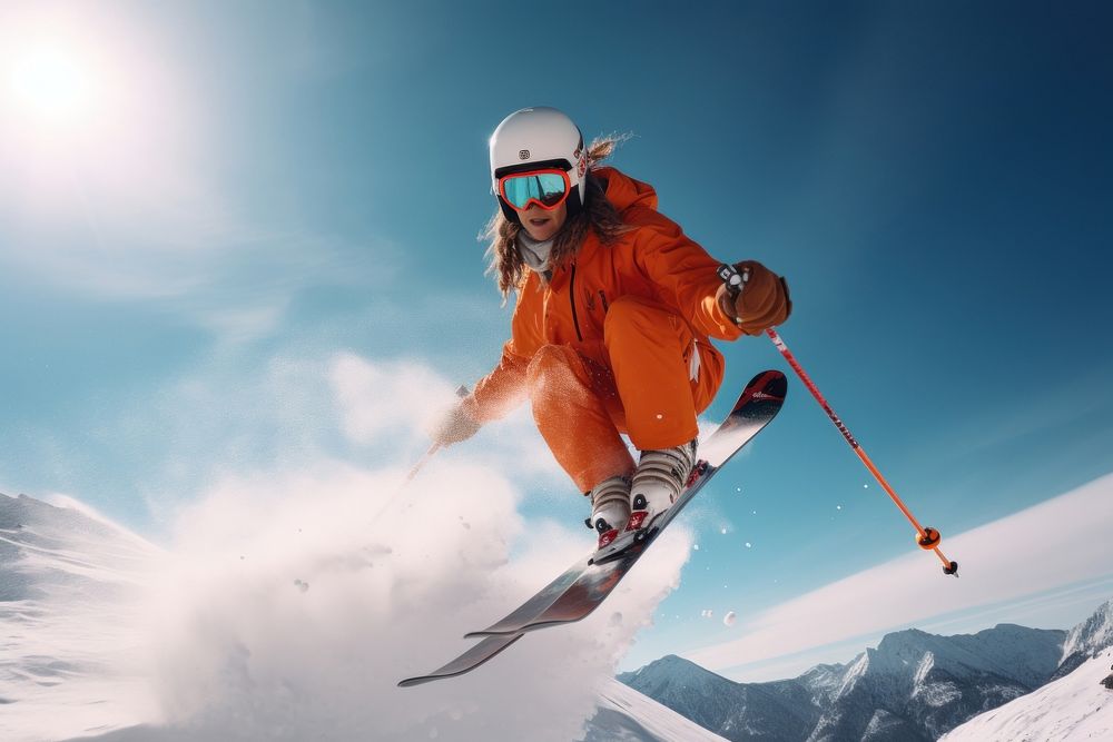 Teen woman skiing recreation outdoors sports.