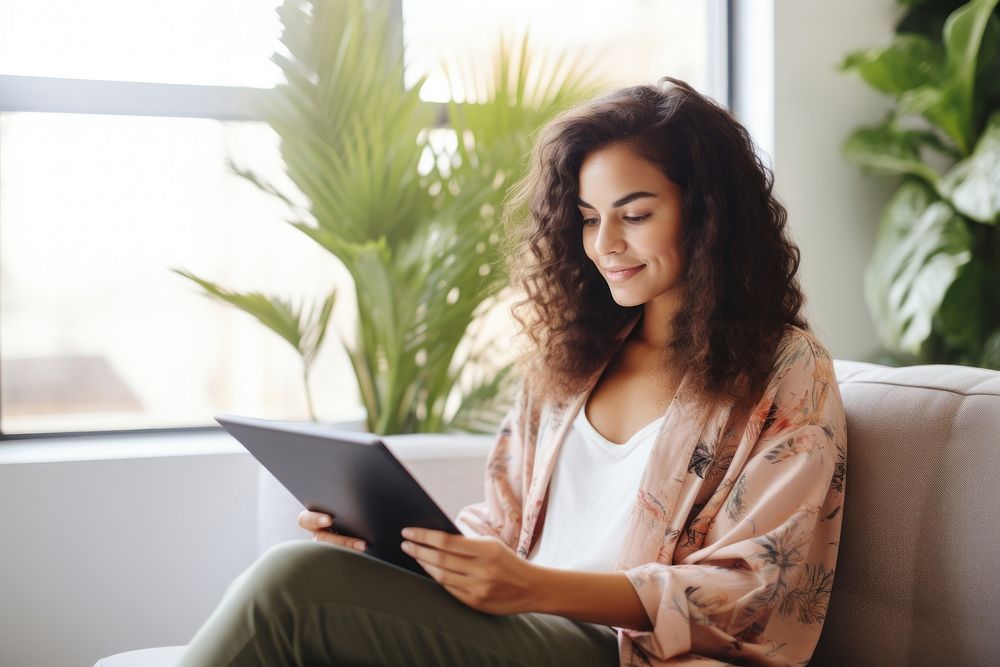 Woman watching video on tablet sitting person adult.