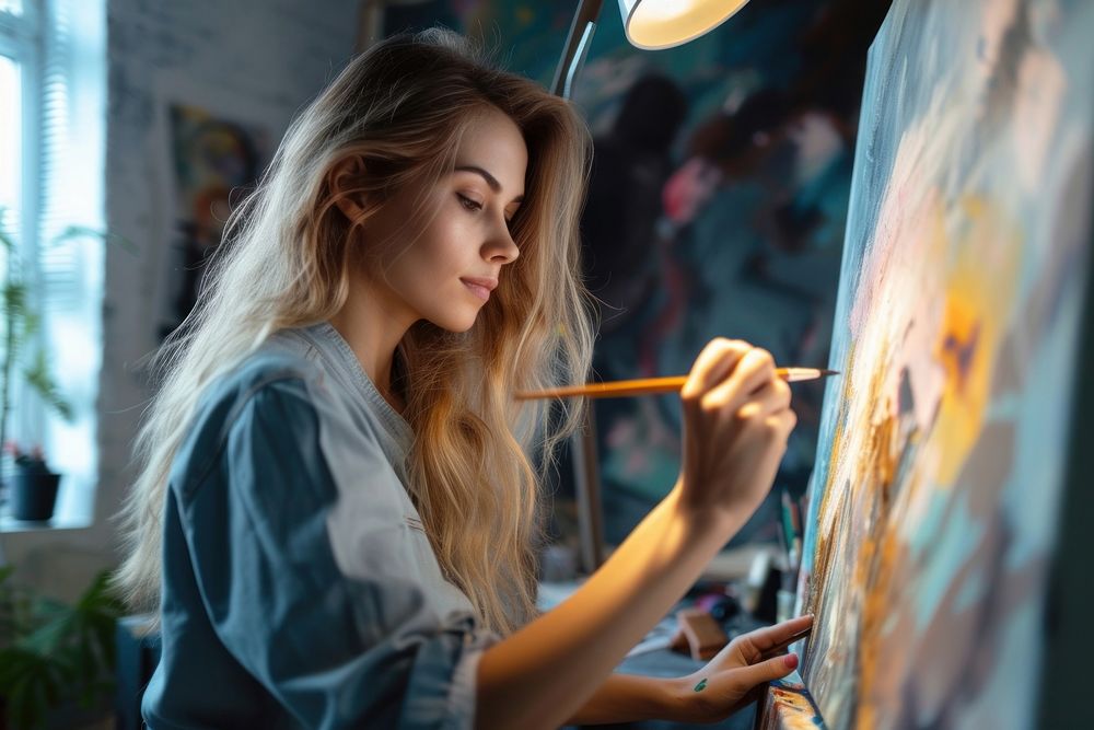 Woman drawing on a canvas person brush concentration.