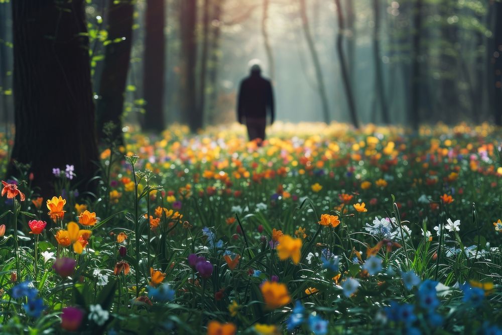 Man walking in the forest nature flower field.