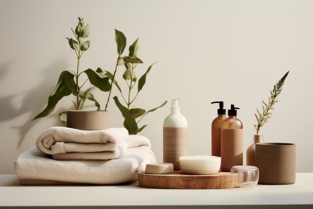 Minimal and natural bathroom essentials at the spa towel container flowerpot.