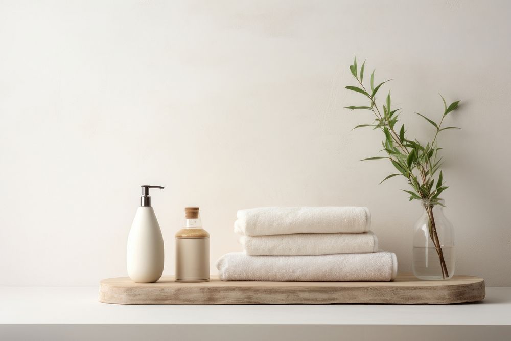 Minimal and natural bathroom essentials at the spa towel container beverage.