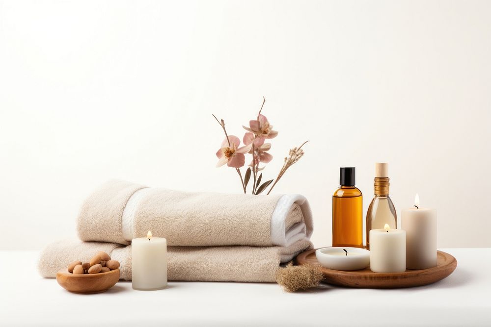 Beautiful Spa treatment set in minimal bottle towel spa.