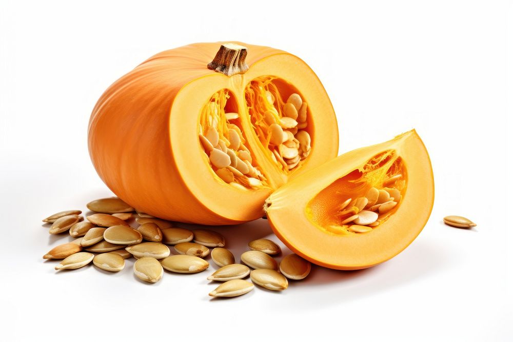 Cut ripe orange pumpkin and seeds vegetable plant food.