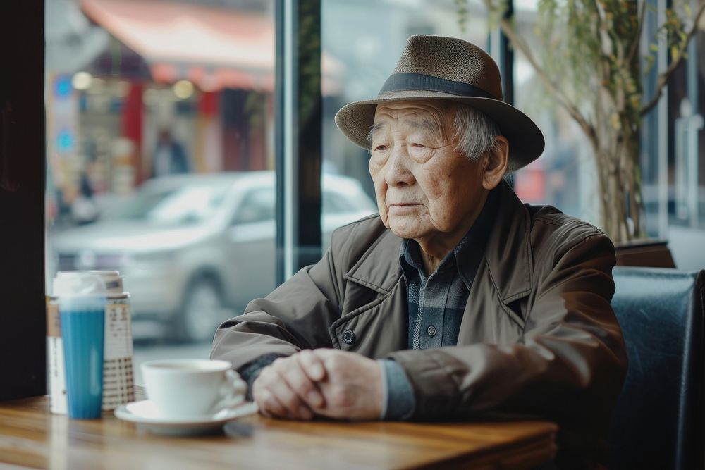 Chinese elder sitting adult cafe.