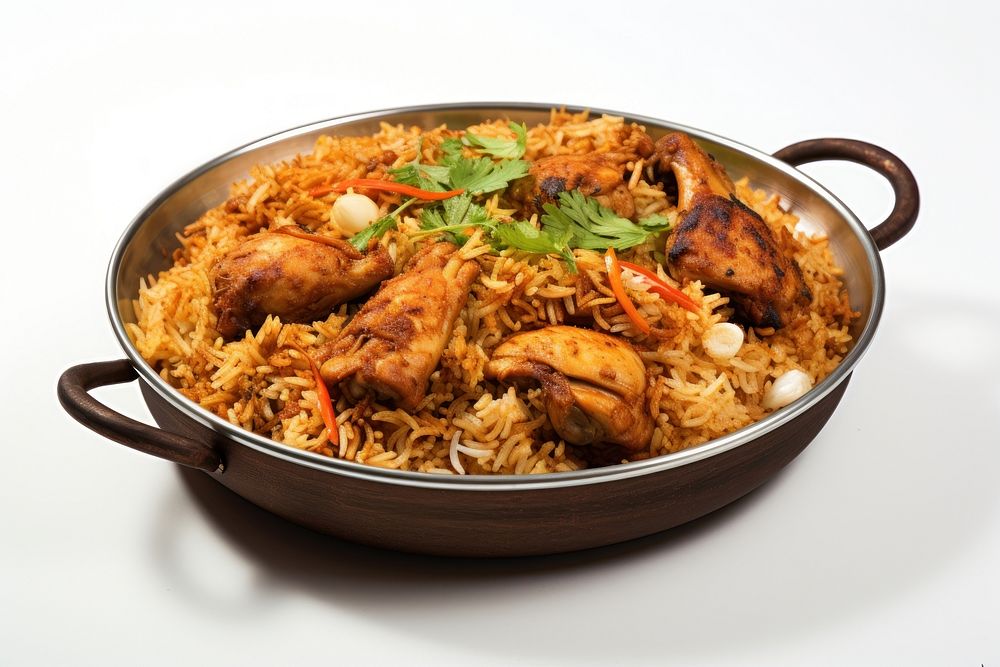 Chicken biryani plate food meat.