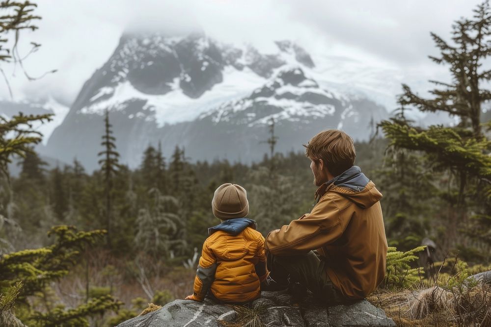 Father and son camping in the forest backpacking mountain nature.