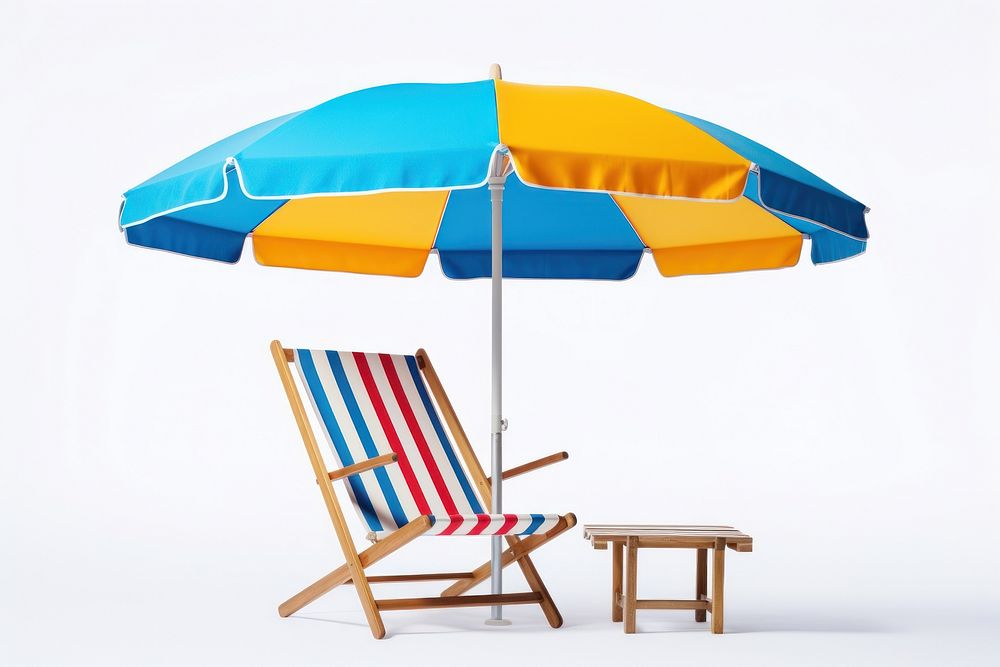 Folding beach chair with parasol furniture umbrella white background.