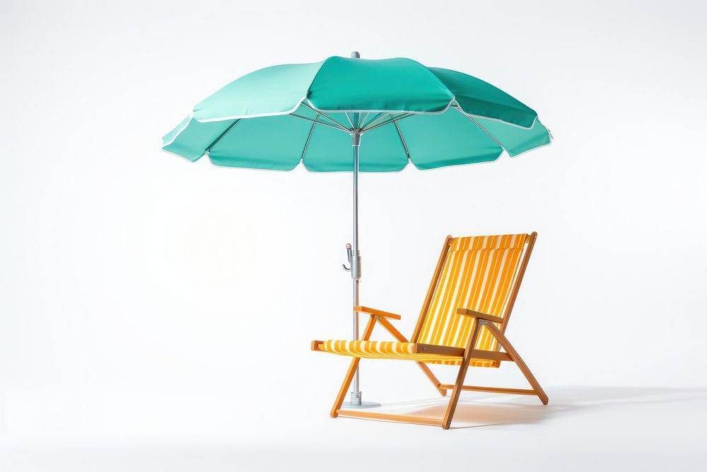 Folding beach chair with parasol furniture umbrella white background.