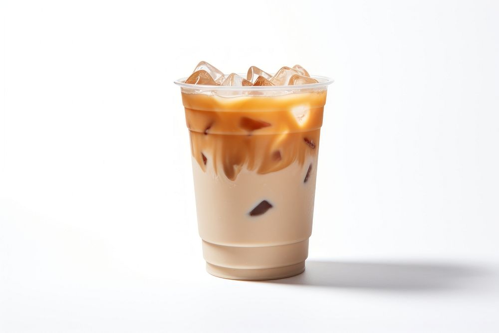 Ice latte in plastic cup coffee drink white background.