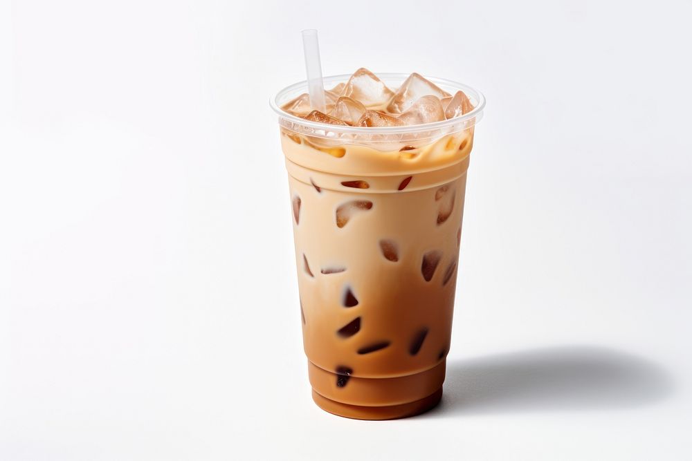 Ice latte in plastic cup drink white background refreshment.