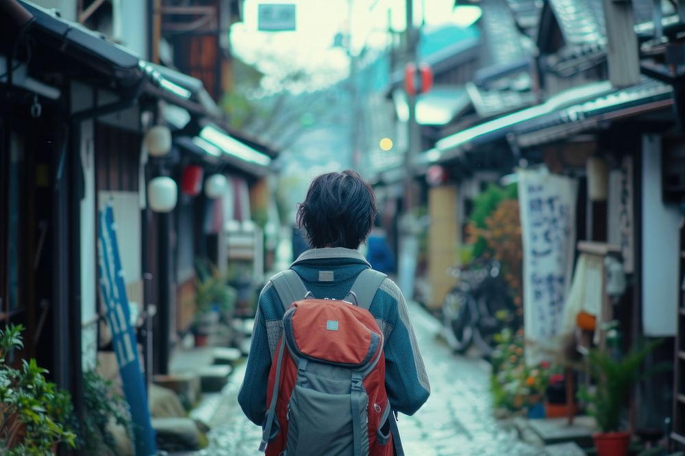 Japan teenage street backpack walking.
