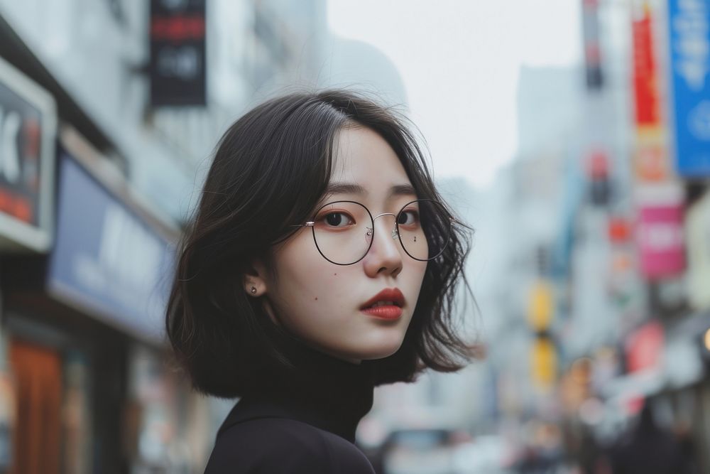 Korean fashionista portrait glasses street.