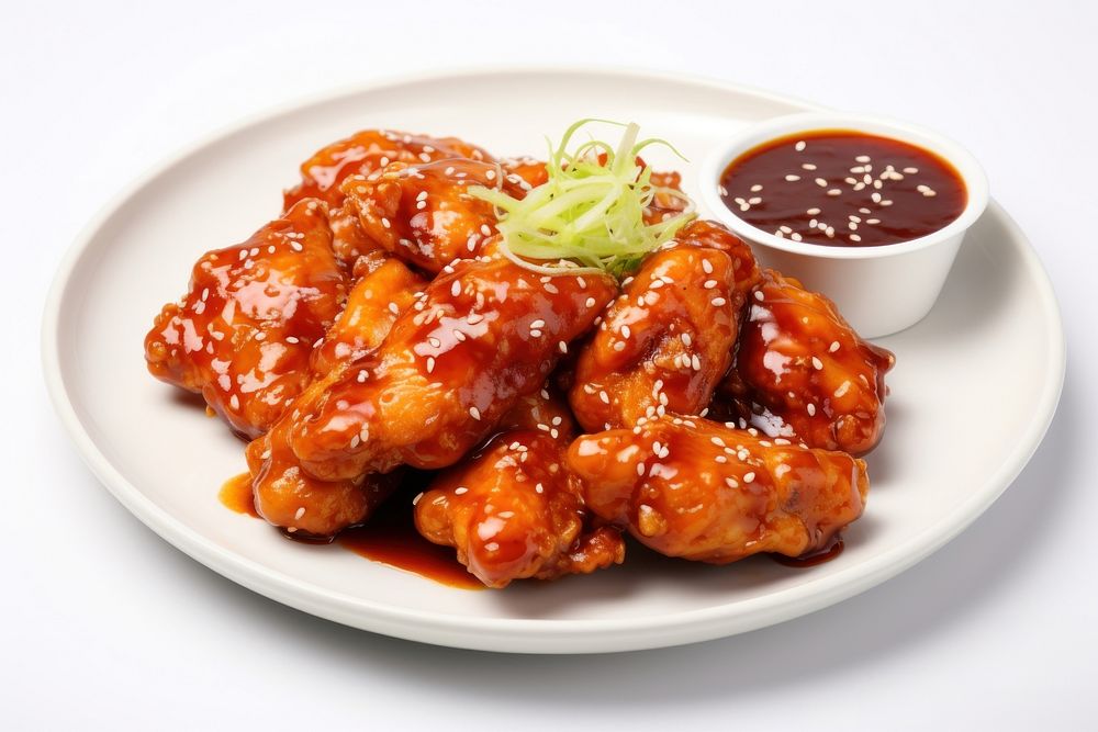 Korean fried chicken with juicy sauce plate food condiment.