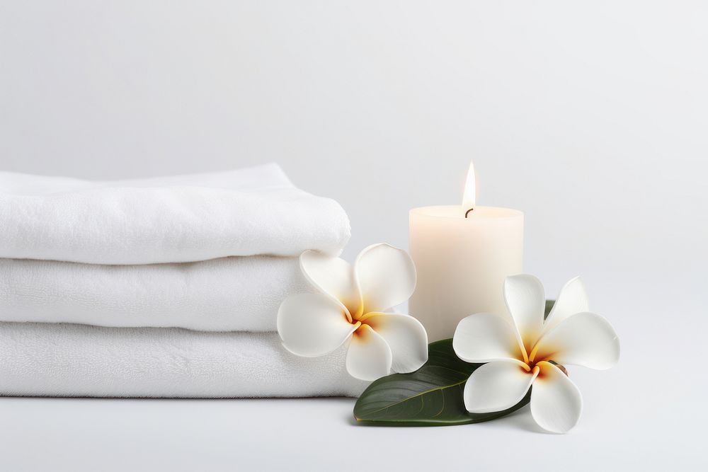 Pa towel white candle with frangipani freshness fragility gardenia.