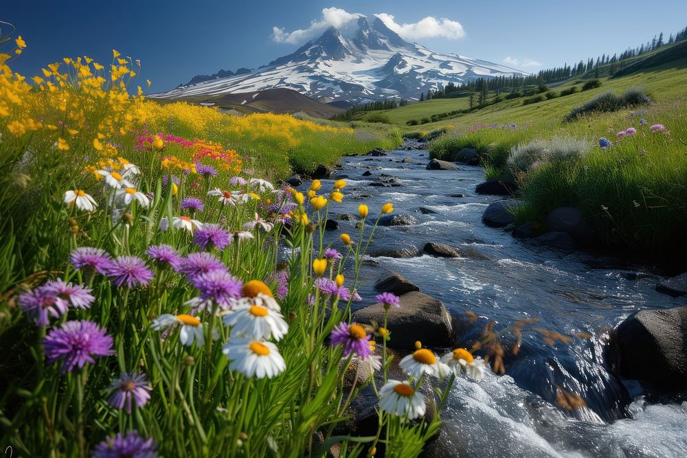 Rocky river mountain flower field.