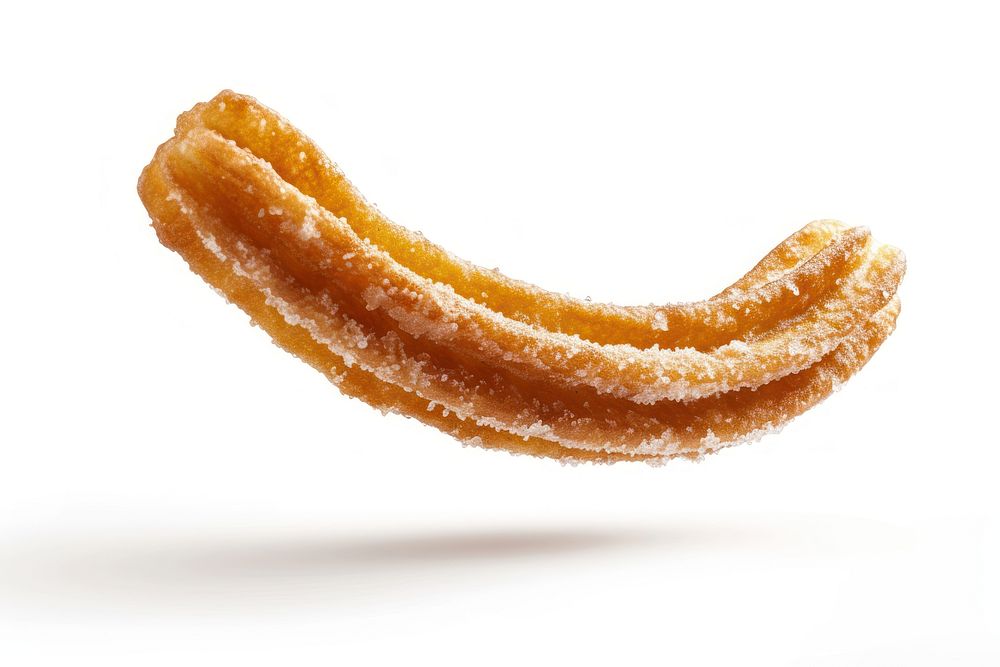 Photo of a single churros snack food white background.