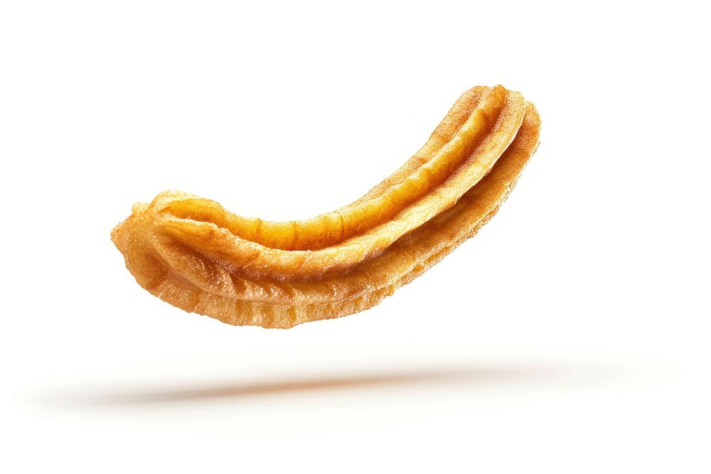 Photo of a single churros banana food white background.