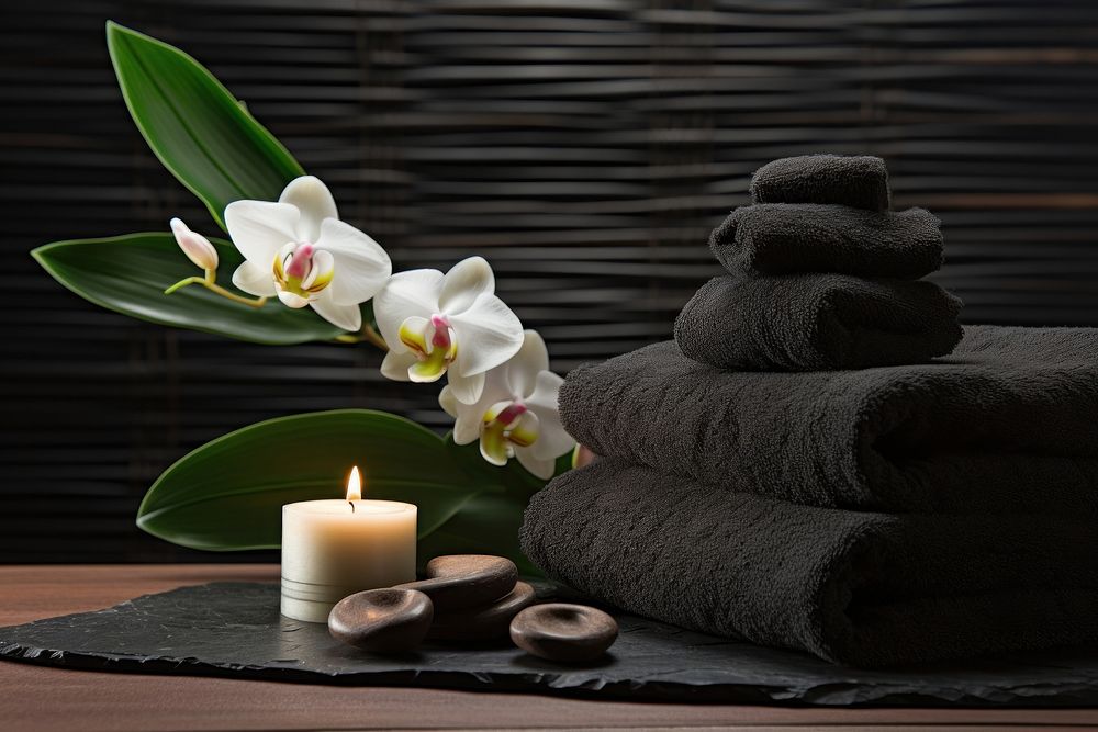 Spa concept with zen basalt stones and towels flower plant spa.