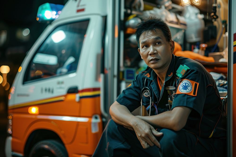 Thai man paramedic vehicle car transportation.