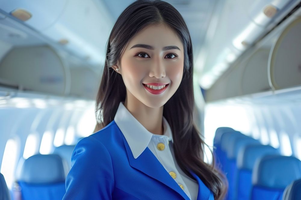 Thai woman flight attendant airplane vehicle smile.