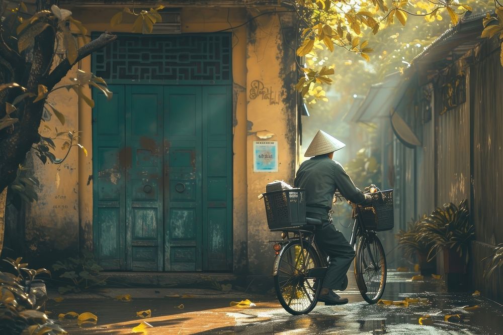 Vietnamese postman bicycle vehicle street.