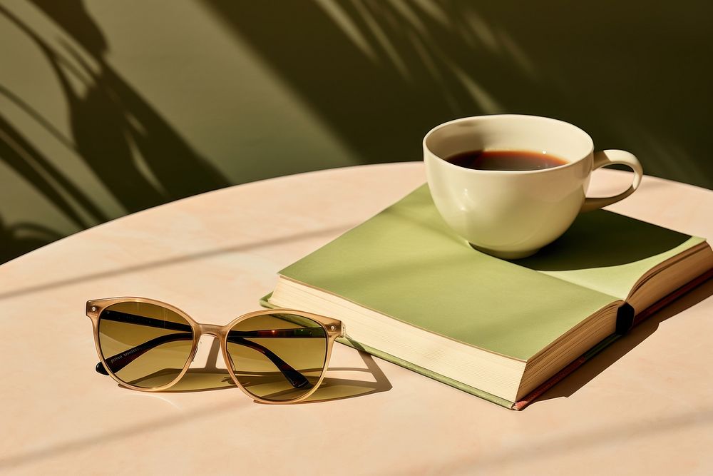 Sunglasses cup furniture sunlight.
