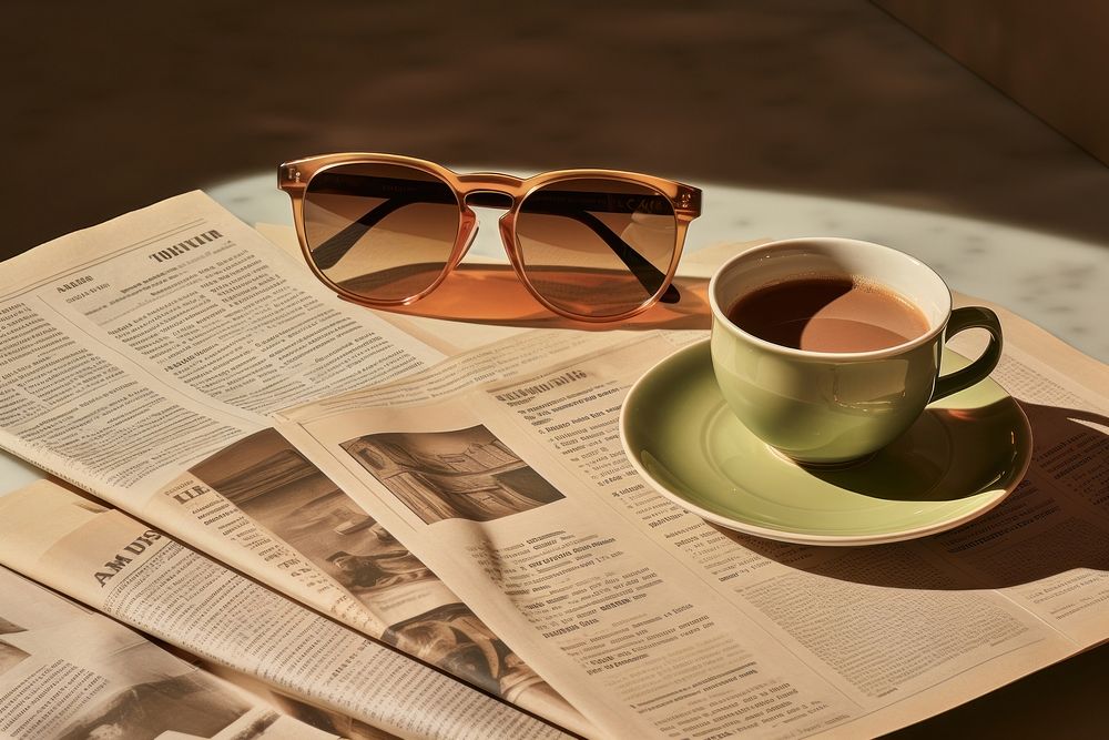 Sunglasses cup newspaper sunlight.