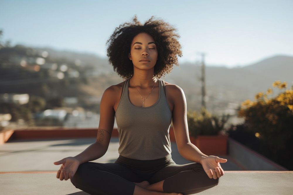 Black teen woman doing yoga sports person adult.