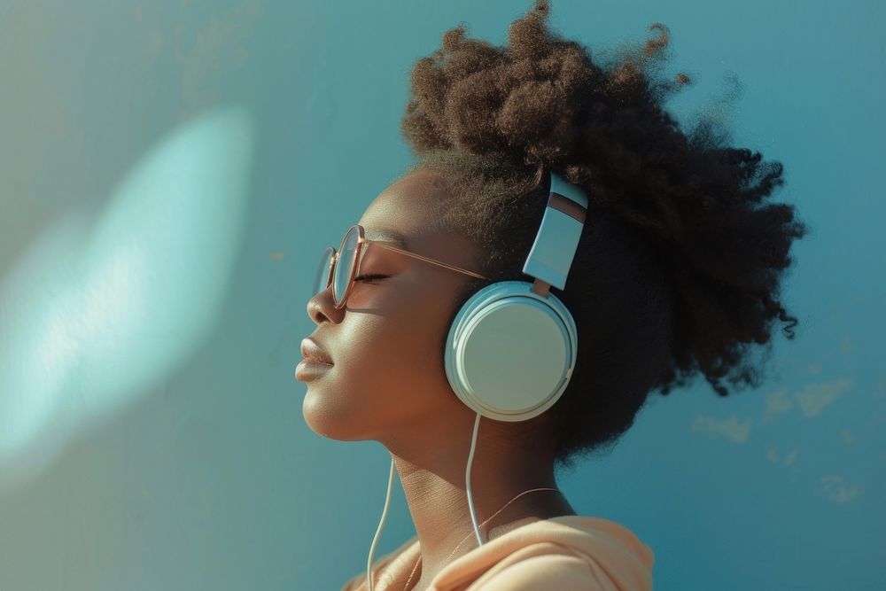 Black teen woman listening music headphones headset person.