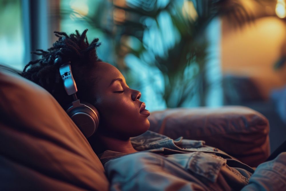Photo of black person listening music on sofa headphones headset adult.