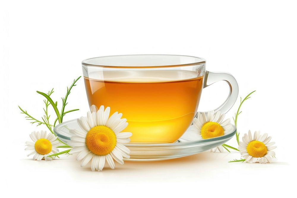 Photo of chamomile tea saucer flower drink.