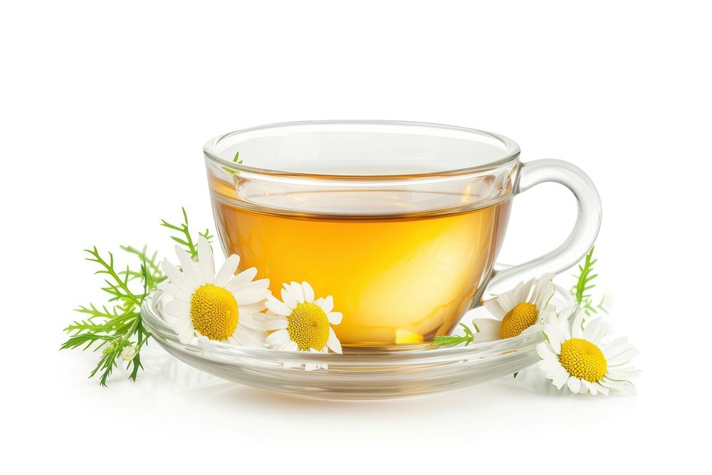 Photo of chamomile tea saucer flower drink.