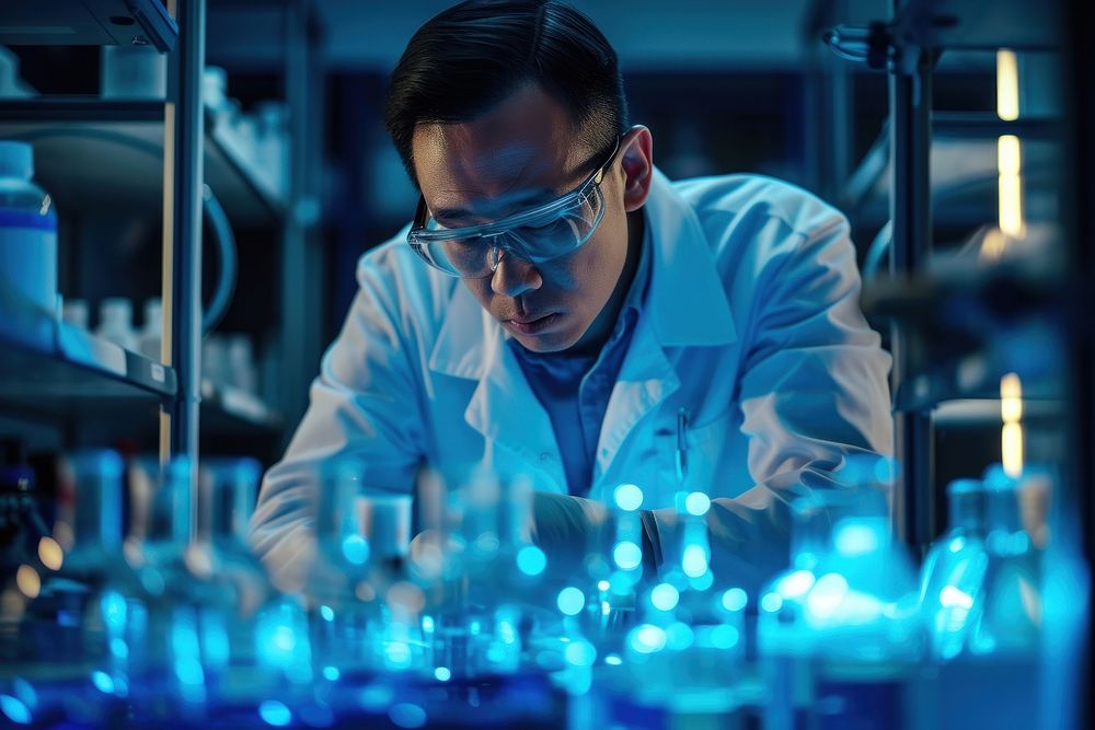 Chinese scientist working glasses adult concentration.