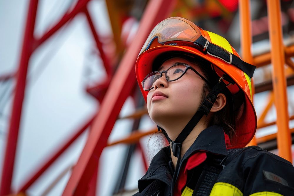 Female Chinese firefighter working helmet adult architecture.